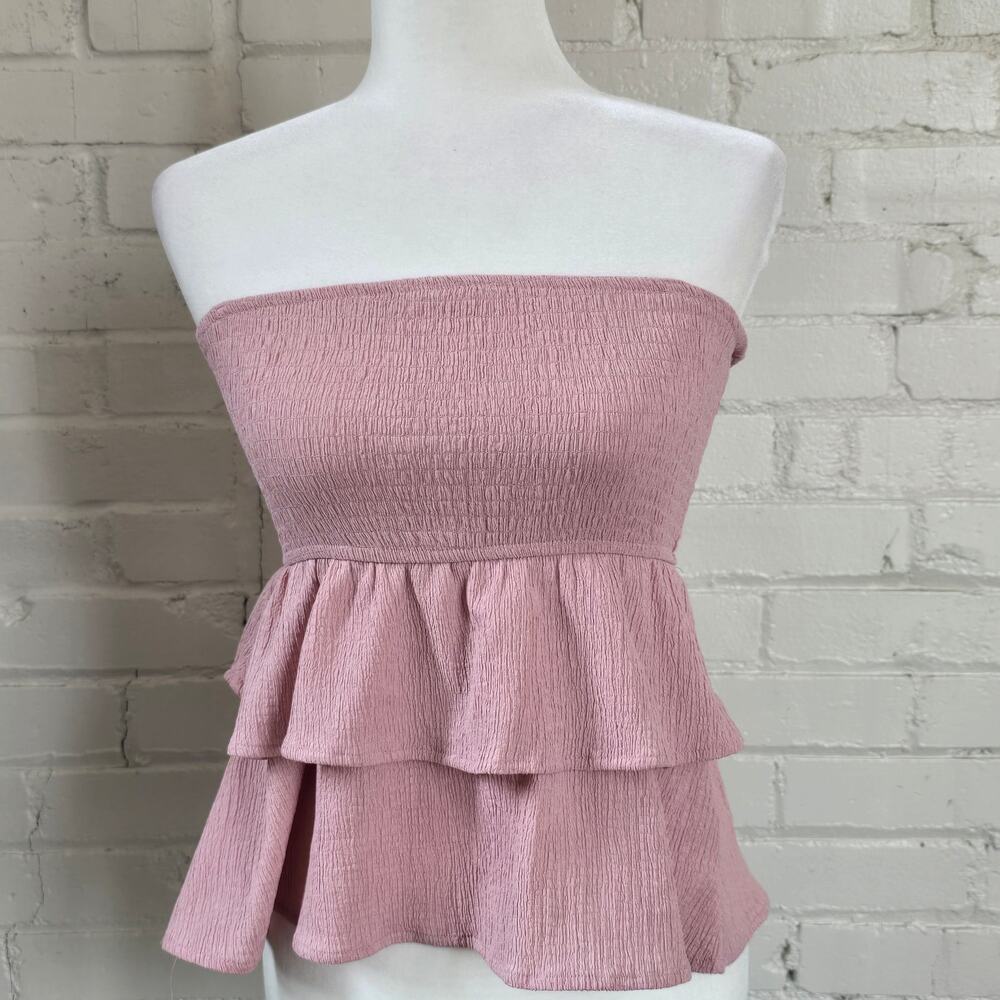Coquette Dusty Pink Smocked Tiered Ruffle Tube Top┃Almost Famous Peplum Size S